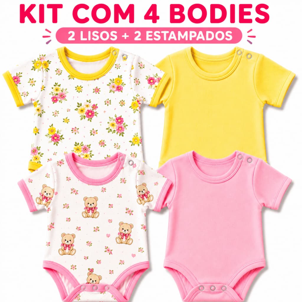 Body Bebê Menina Kit 4 Peças Malha Canelada Algodão Manga Curta Verão Roupa Bebê Enxoval RN P M G