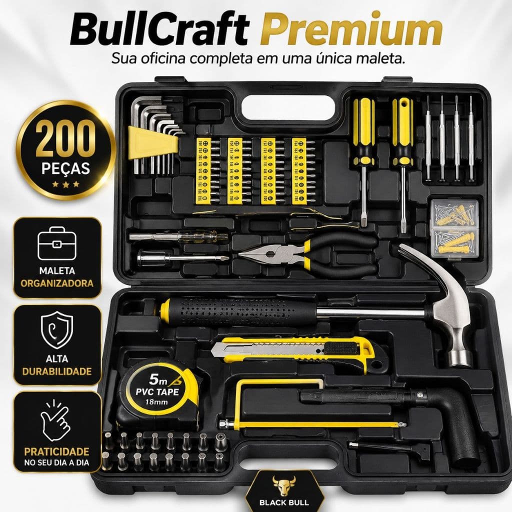 Kit de Ferramentas 200 Peças Completo com Maleta Organizadora Profissional Black Bull BullCraft Premium
