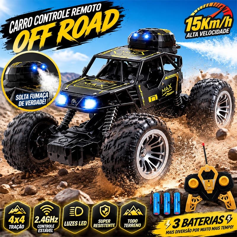 Carrinho de Controle Remoto 4x4 Recarregável USB Jeep Off Road Solta Fumaça Luz LED Função Spray