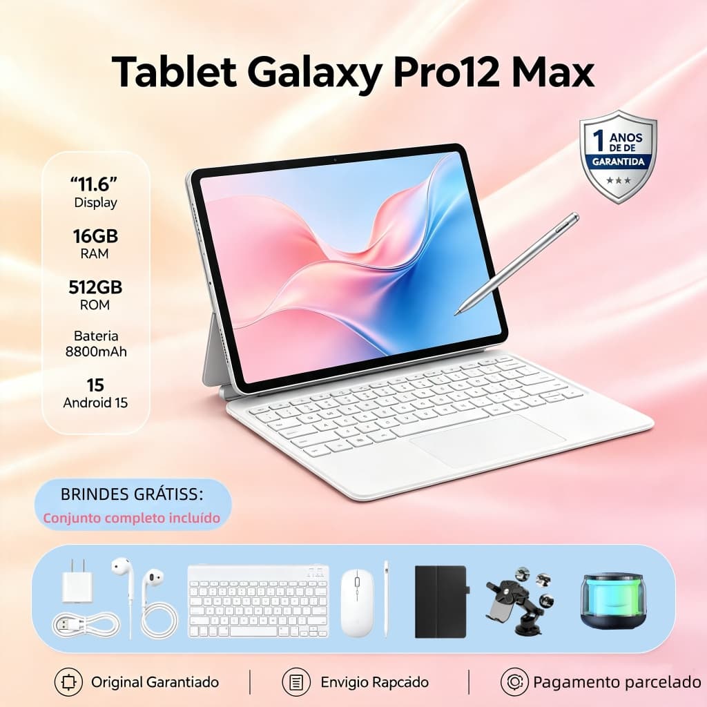 [Teclado e mouse grátis] Tablet Galaxy Pro12 Max 11,6 polegadas, 16 GB + 512 GB, Android, bateria de 8.800 mAh