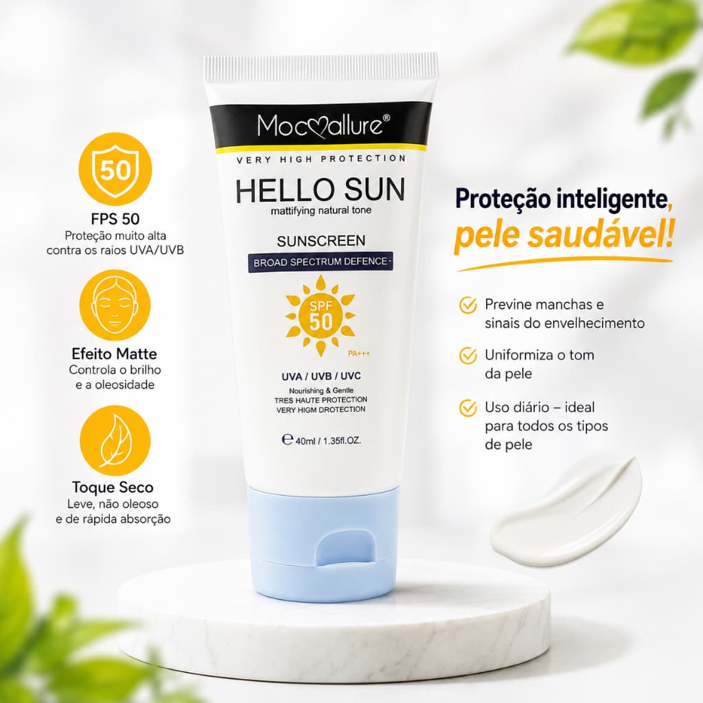 Protetor Solar Facial MoccAllure Hello Sun FPS 50 Efeito Matte Toque Seco Anti Oleosidade UVA UVB 40ml Sunscreen