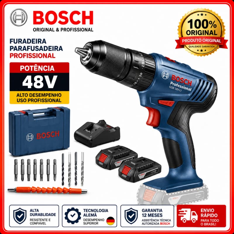 Parafusadeira furadeira Elétrica bosch 48V Parafusadeira 2 baterias Furadeira de Impacto Original