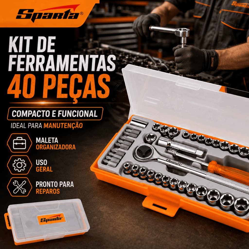 Jogo de Soquete e Bits com Chave Catraca Reversível 3/8 40 Peças Sparta Estojo Kit Ferramentas Mecânico Oficina