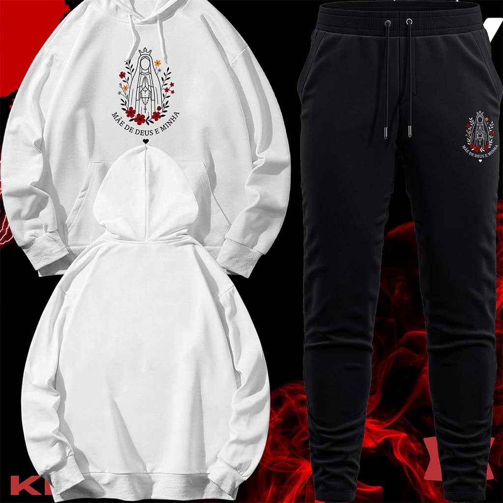 Conjunto Moletom Unissex Adulto Blusa de Frio Canguru e Calça Personalizada Estampa NOSSA SENHORA MÃE DE DEUS É MINHA