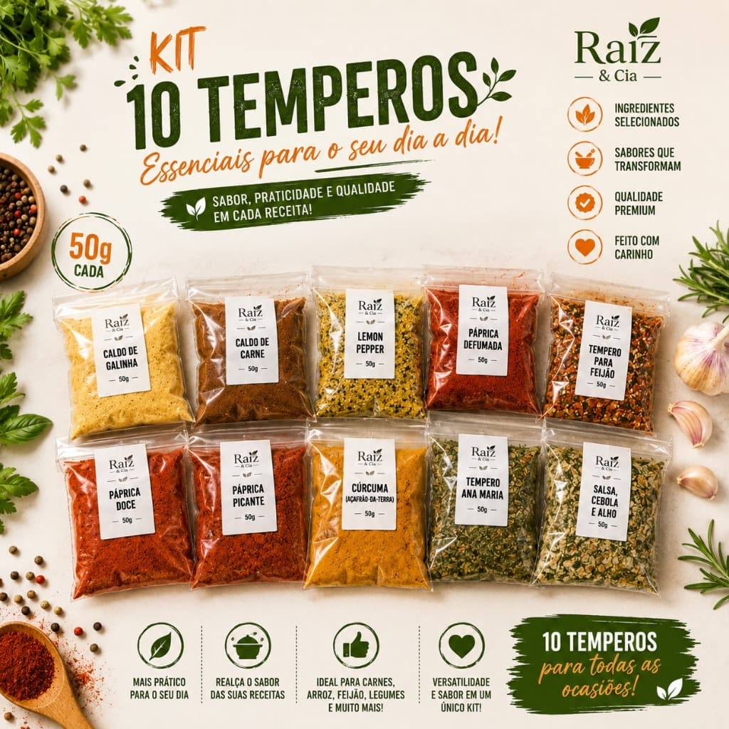 Kit 10 Temperos 50g Cada | Lemon Pepper, Pápricas, Caldos, Cúrcuma e Mais | Raiz & Cia