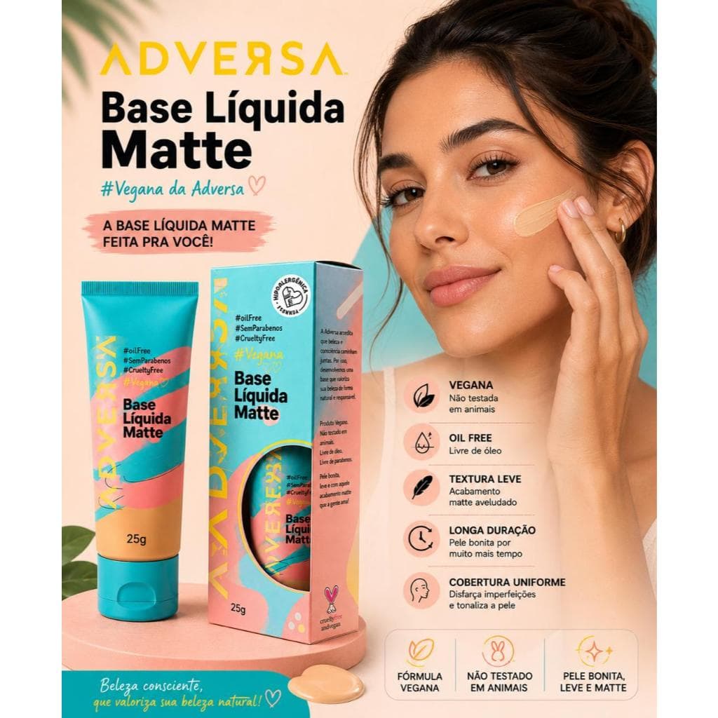 Base Líquida Matte Vegana Adversa Oil Free Longa Duração 30ml