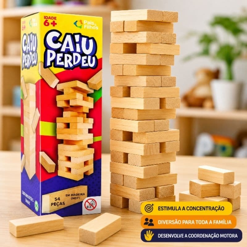 Jogo Caiu Perdeu Torre 54 Peças em MDF | Jogo de Equilíbrio e Diversão para Família