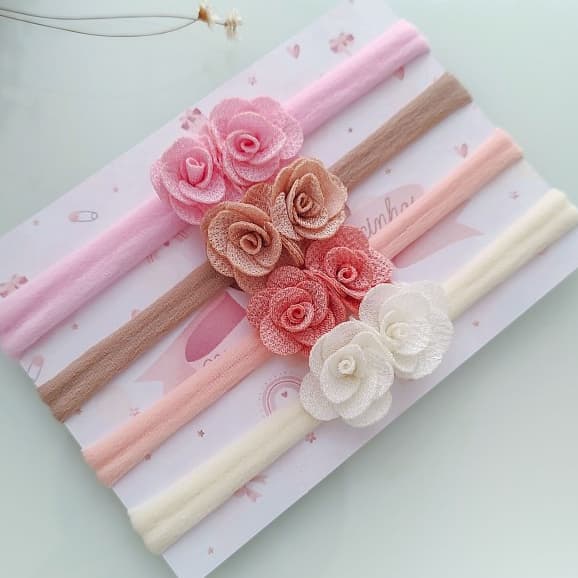 Kit Faixinha meia de seda bebê Flor Tecido para recém nascida maternidade enxoval