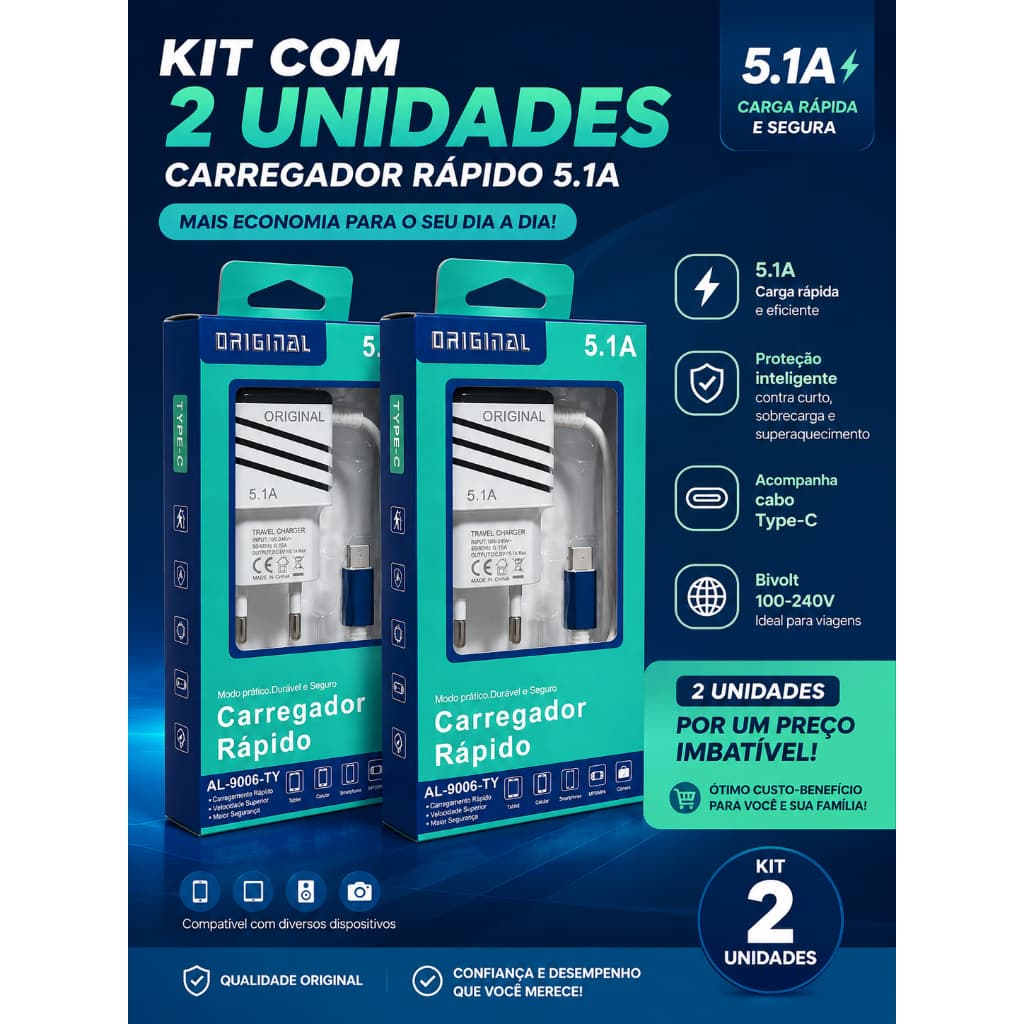 Kit 2 Carregador Turbo Celular Ultra rápido 5.1 tipo C Micro Usb 2 Entrada Usbp Android Portátil
