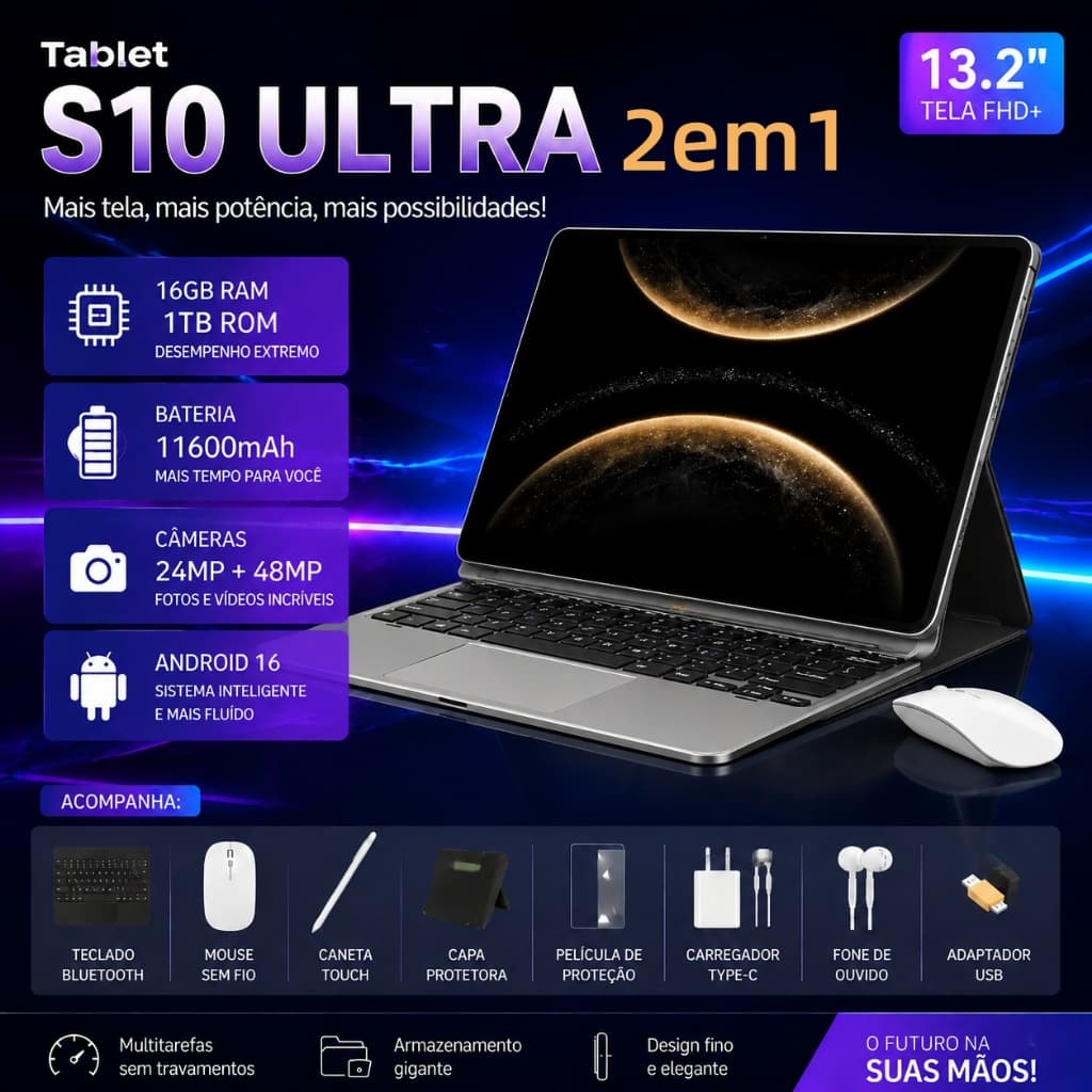 YINBER TABLET S10 ULTRA 2em1 13.2" 4K | 16GB RAM + 1TB ROM | Snapdragon S565 | 11600mAh | Android 16 | KIT COMPLETO WIFI