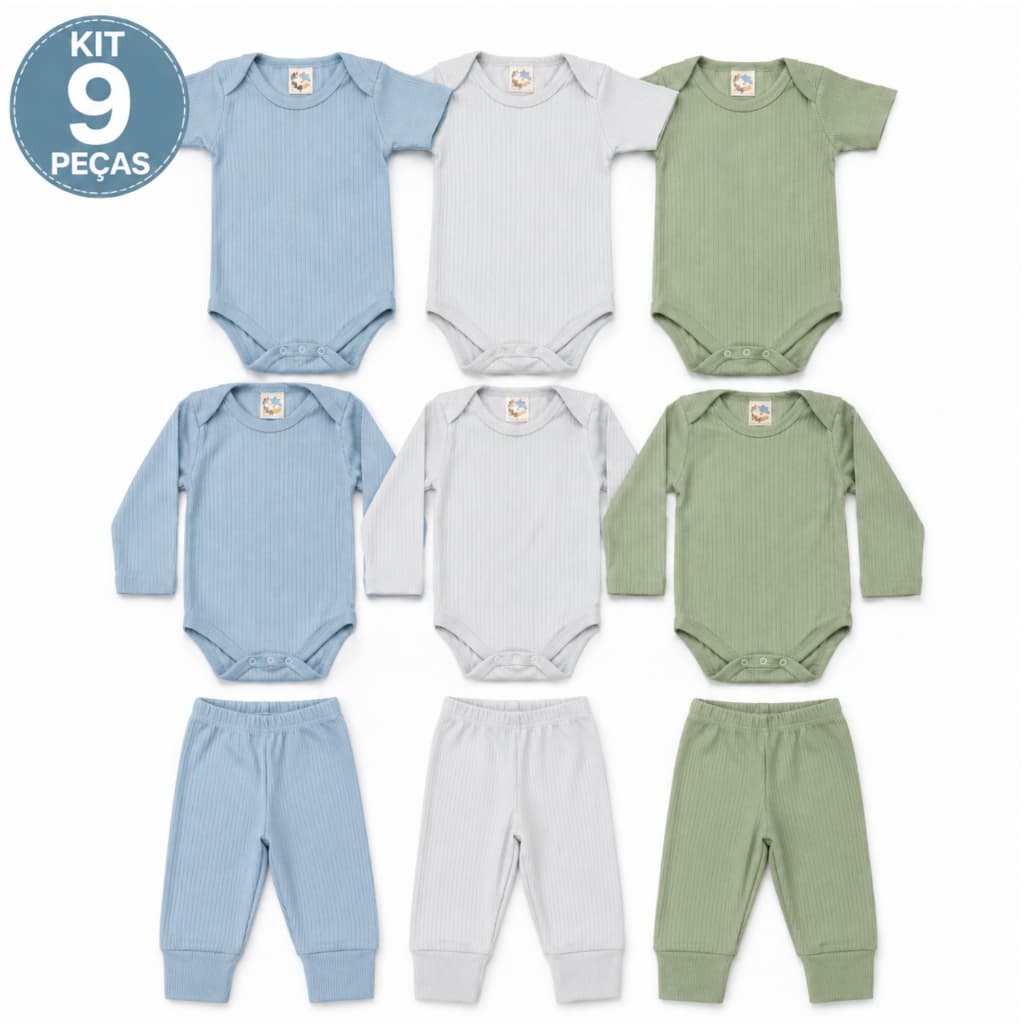 Kit Bebê Menino 9 Peças Body Manga Curta Longa Mijão Canelado Enxoval Infantil