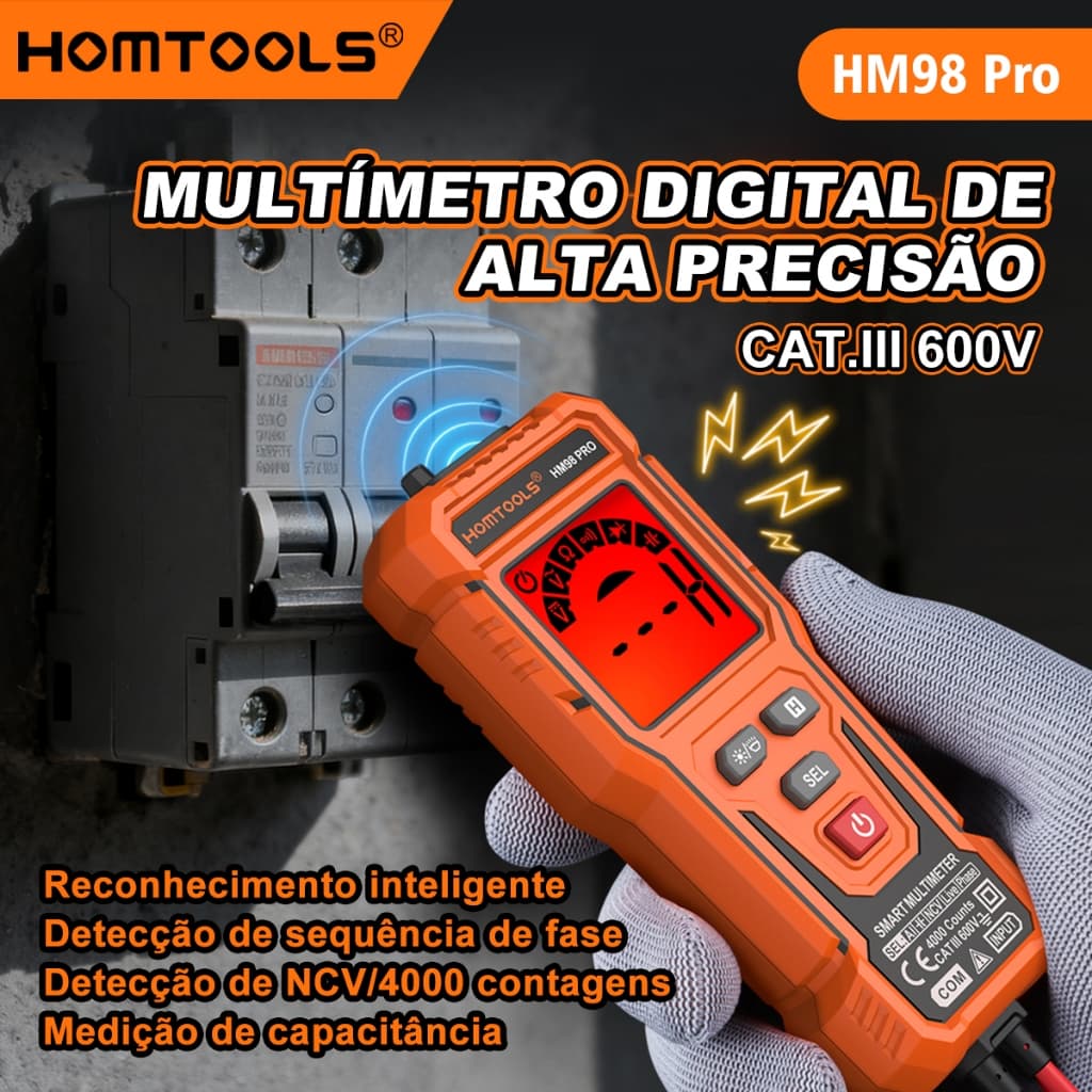 HOMTOOLS HM98 PRO (HM98 Atualizado) Multímetro Digital Inteligente 600V AC/DC Detecção De Tensão 4000 Contagens Funções