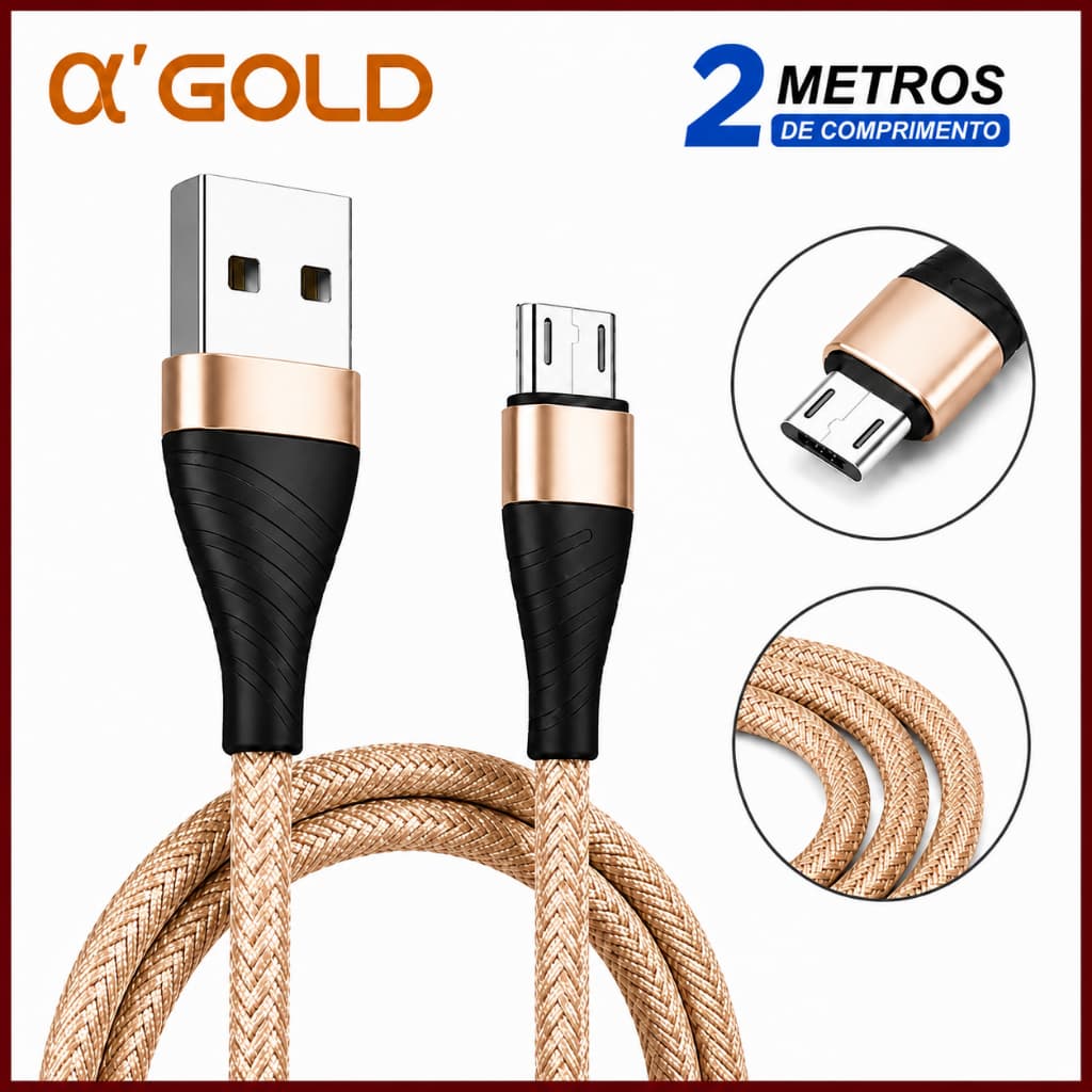 Cabo Carregador V8 Carga Rápida 2 Metros Android Reforçado Micro USB Original A'Gold