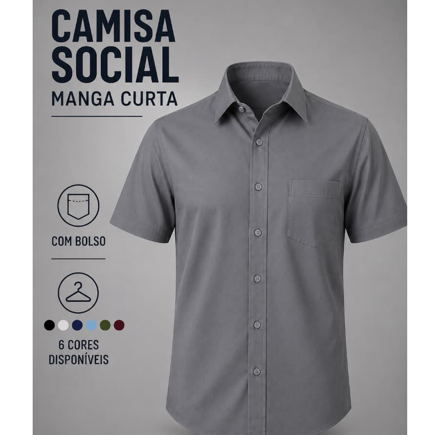 Camisa Social Masculina Manga Curta Slim com Bolso para Trabalho Igreja e Festa