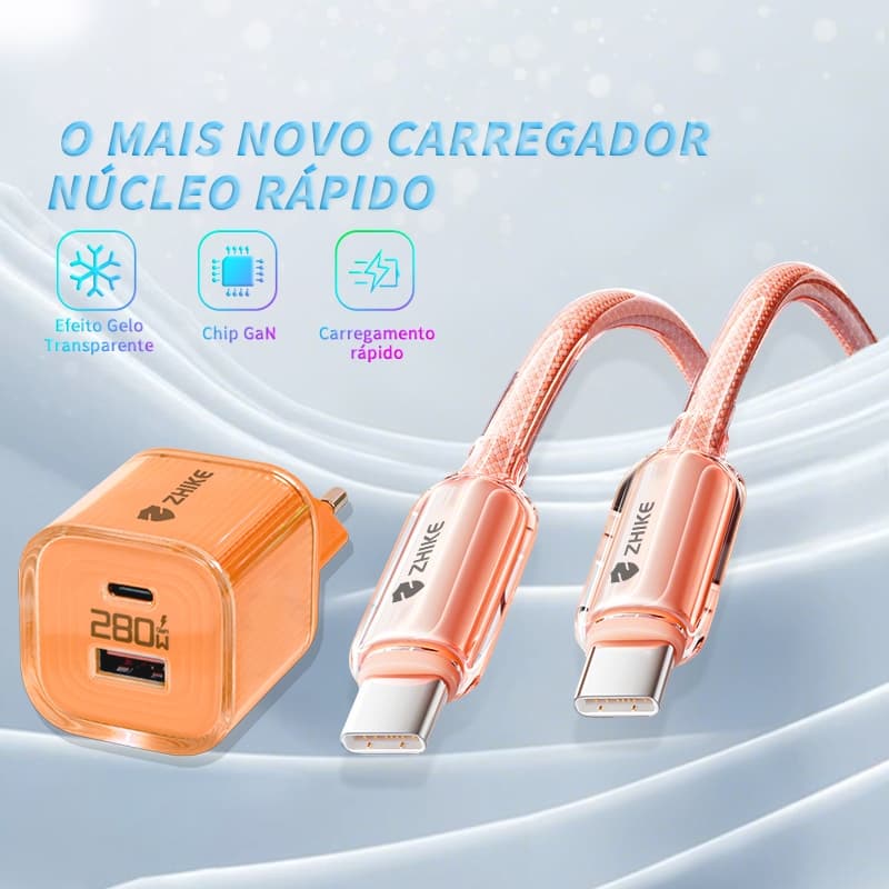 Cabo Carregador Celular Carregamento Rápido Tipo C 1M Trança Silicone Com Adaptador GaN