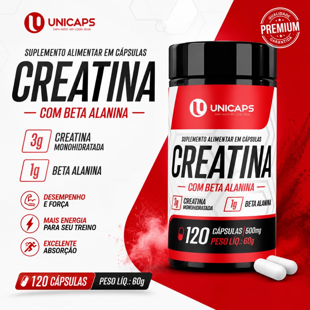 Creatina Monohidratada + Beta Alanina 500mg 120 Cápsulas Pré Treino Força Massa Muscular Academia | Unicaps