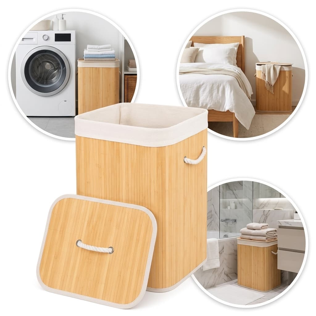 Cesto Bambu 70L Organizador Roupa Suja Tampa Alças Lavanderia Quarto Banheiro Closet Grande Decorativo Resistente