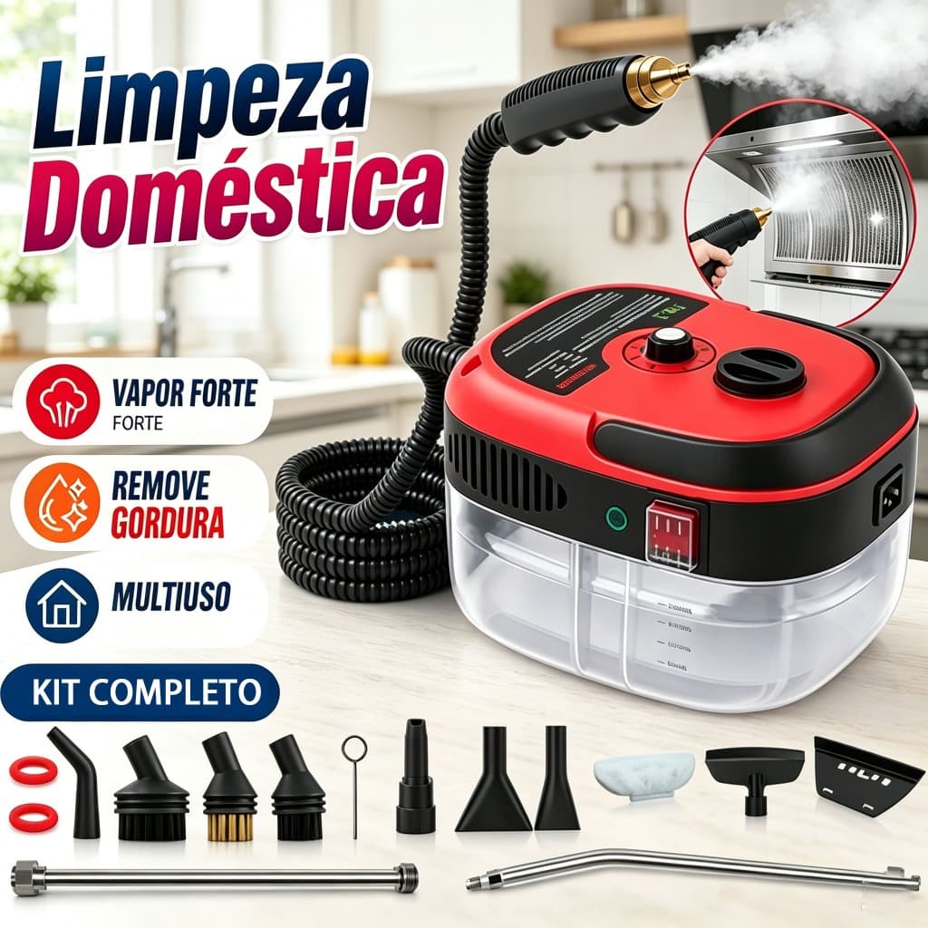 Kit Completo Vaporizador De Limpeza Doméstica 2500W 1,2L 14 Acessórios para Cozinha Banheiro Carro