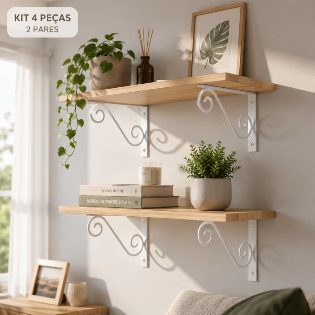 Kit 4 Mãos Francesas Colonial Aço Branco Suporte para Prateleira Parede Reforçado 10kg
