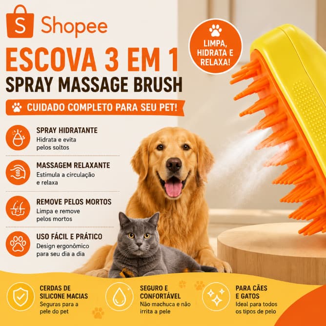Escova de Vapor Spray 3 em 1 para Pets I Massageador com Reservatório de Shampoo para cães e gatos