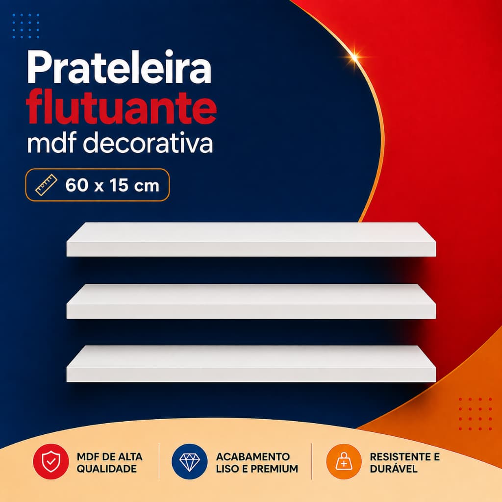 Prateleira MDF 60x15cm Para Quarto Sala Cozinha Escritório Parede 1 á 3 Unidades + Suportes