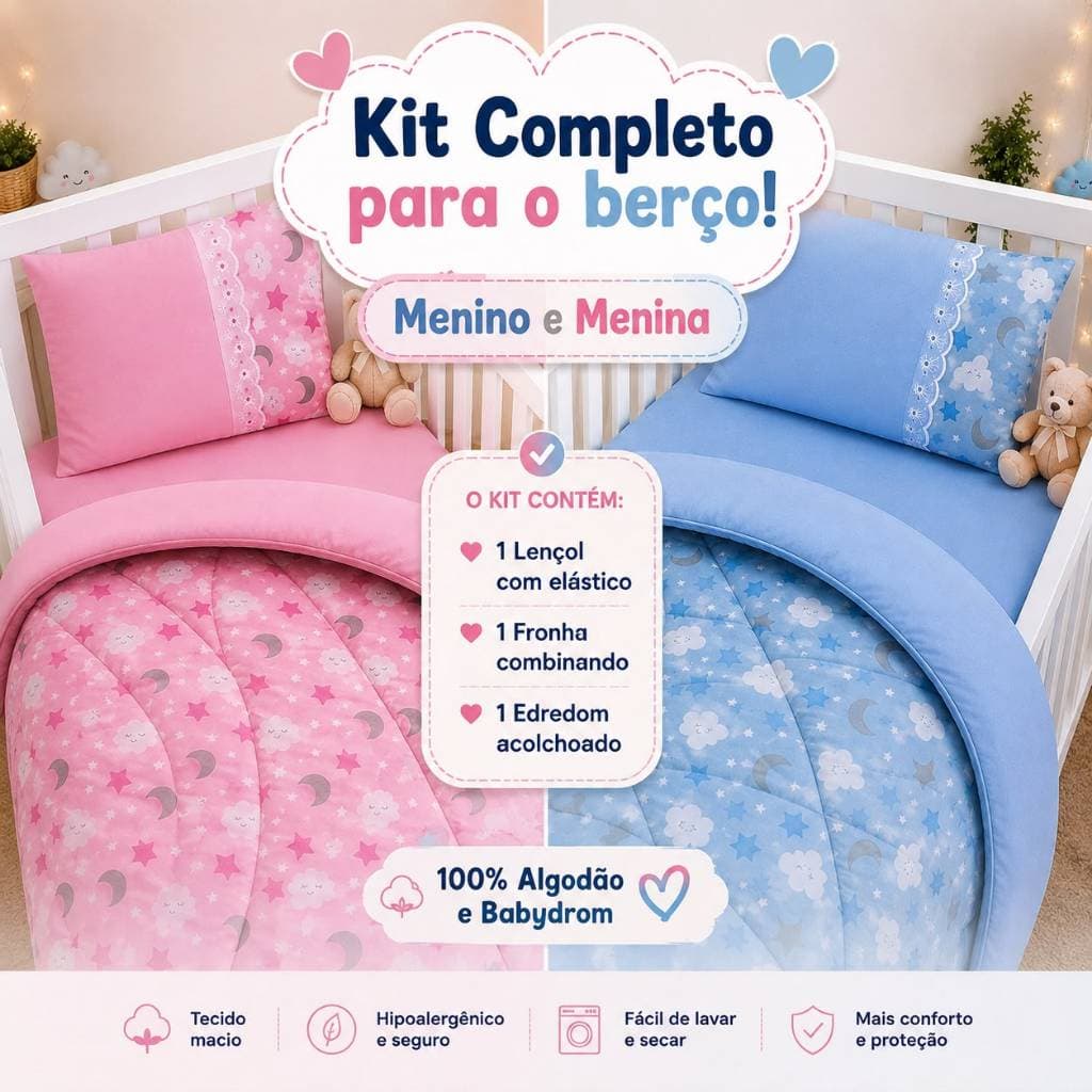 KIT COMPLETO EDREDOM COM LENÇOL E FRONHA 100% ALGODÃO BEBÊ MENINO E MENINA