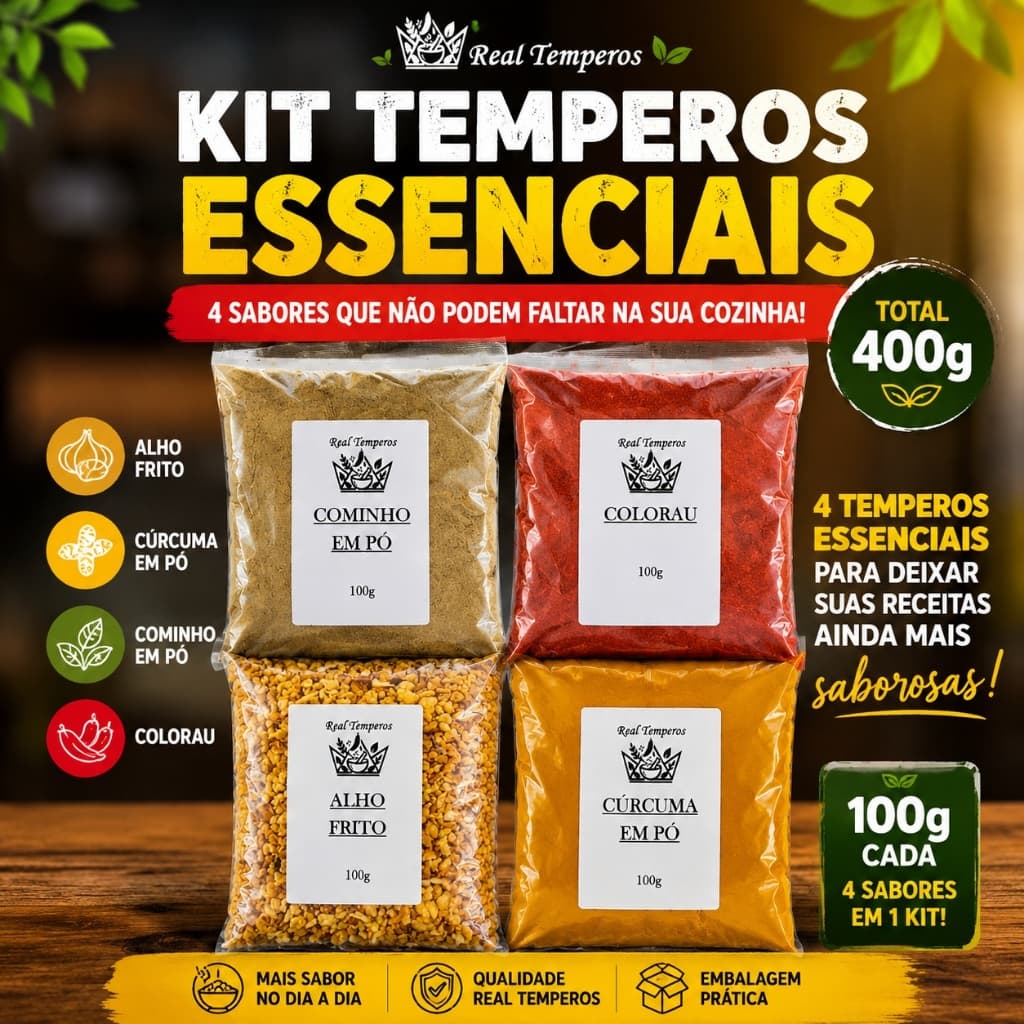 Kit Temperos Essenciais 100% Naturais 400g | Alho Frito, Cúrcuma, Cominho e Colorau | Real Temperos