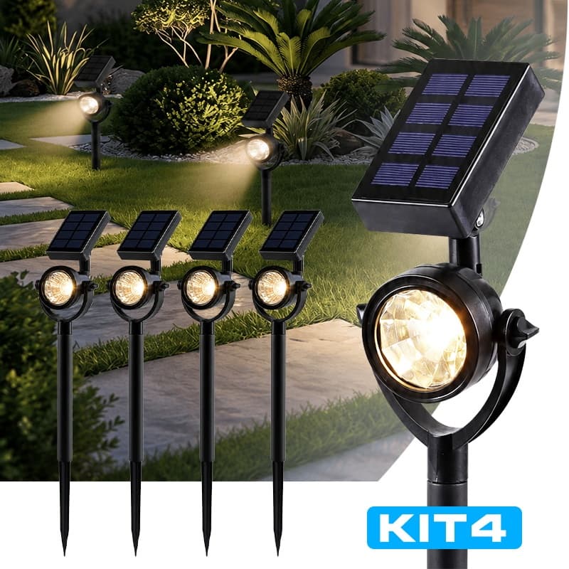 Kit 4 Luminária Espeto Jardim Solar LED Refletor luz Solar Balizador Chão Decoração Luz Branco Quente