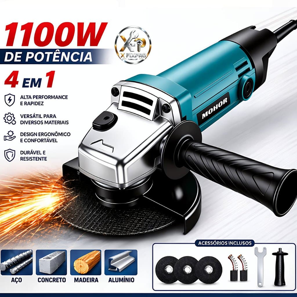 Esmerilhadeira 1100W Lixadeira Angular 115mm Profissional Elétrica Sem Fio Bivolt 110v/220v