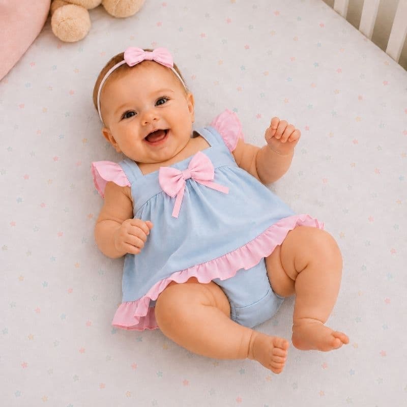 Conjunto Bebê Menina Vestido Infantil Vestido com Shortinho Roupa Bebê  RN 0 a 3 Meses