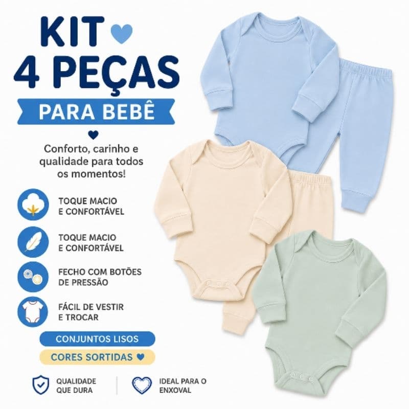 Kit 4 Peças Bebê 2 Bodies Manga Longa + 2 Calças Mijão Canelado Enxoval Menino Menina Unissex P M G