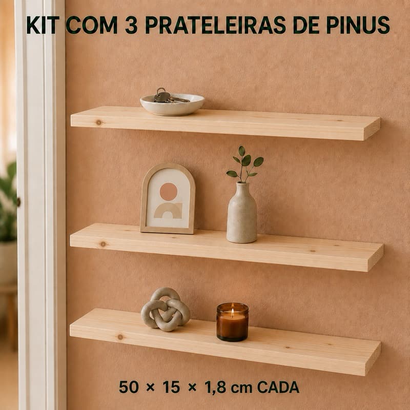 Prateleira de Pinus 30x15x1,5cm com Suporte Cadeirinha Kit 1 a 6 Unidades para Parede Decoração WooldLar