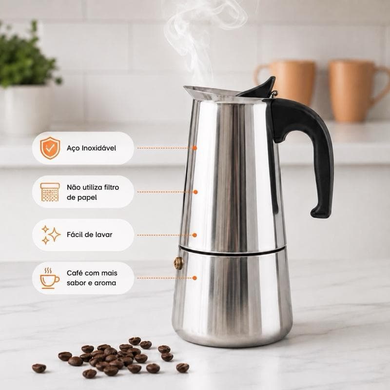 Cafeteira Italiana Aco Inox 200ml 300ml Expresso Design Moderno