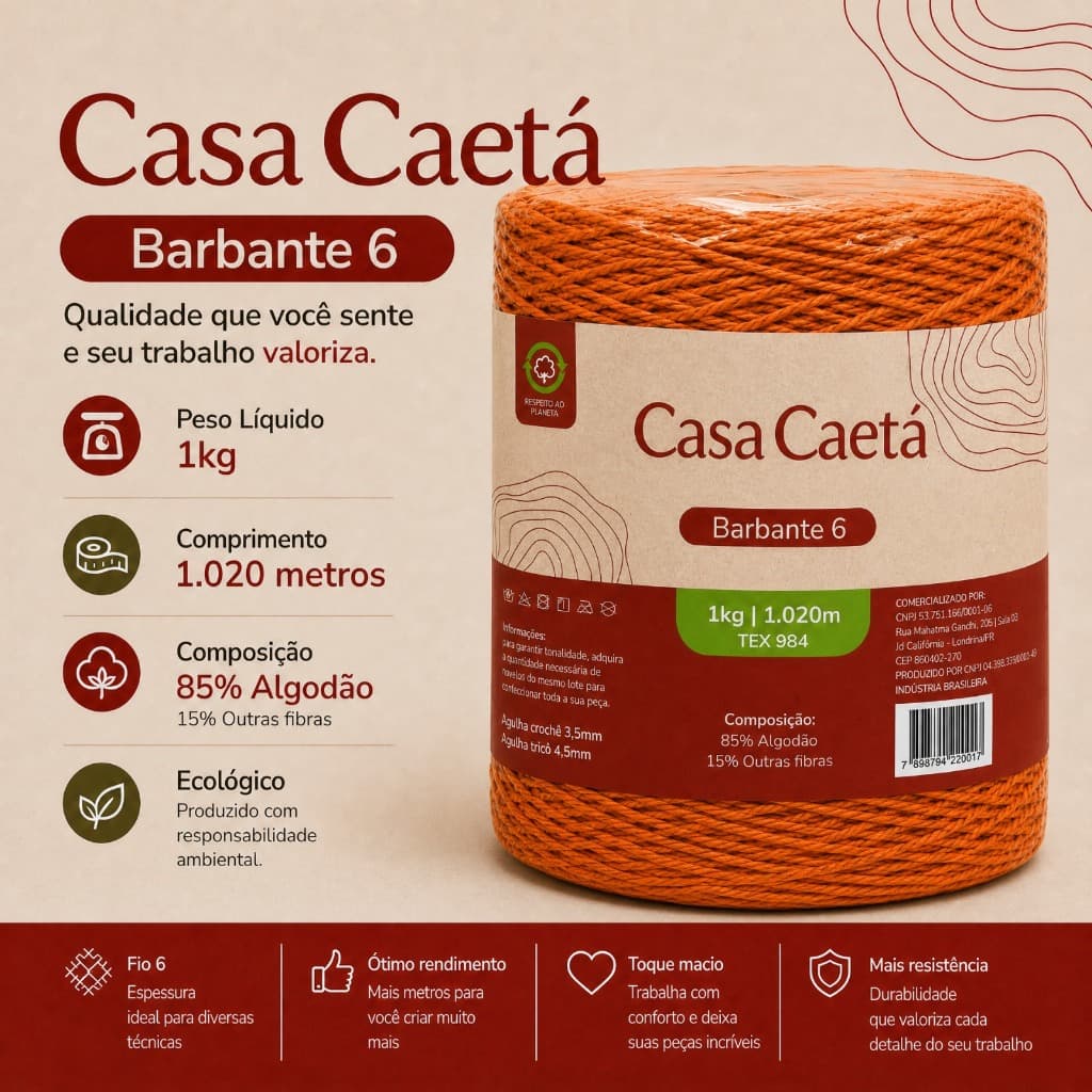 Barbante 6 Fios 1,0kg Para Crochê e Artesanato 85% Algodão Casa Caetá