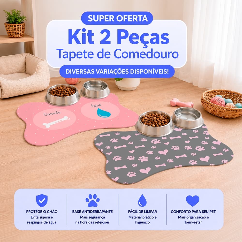 Kit 2 Tapete Pet Comedouro Bebedouro Cachorro e Gato - Tapete para Ração e Água Formato Ossinho 46x31 Antiderrapante
