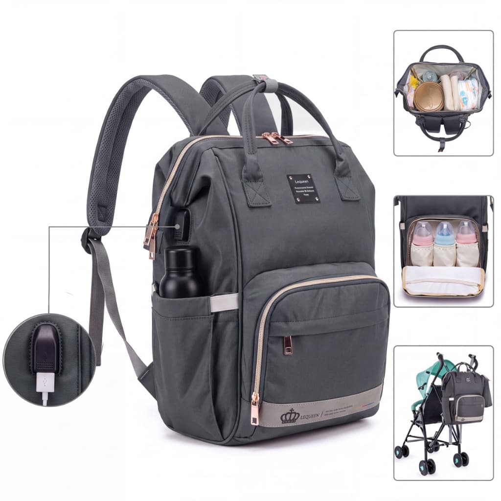 Mochila Maternidade Bebê Lequeen Menina Menino Bolsa Feminina Com Porta Mamadeira Térmico