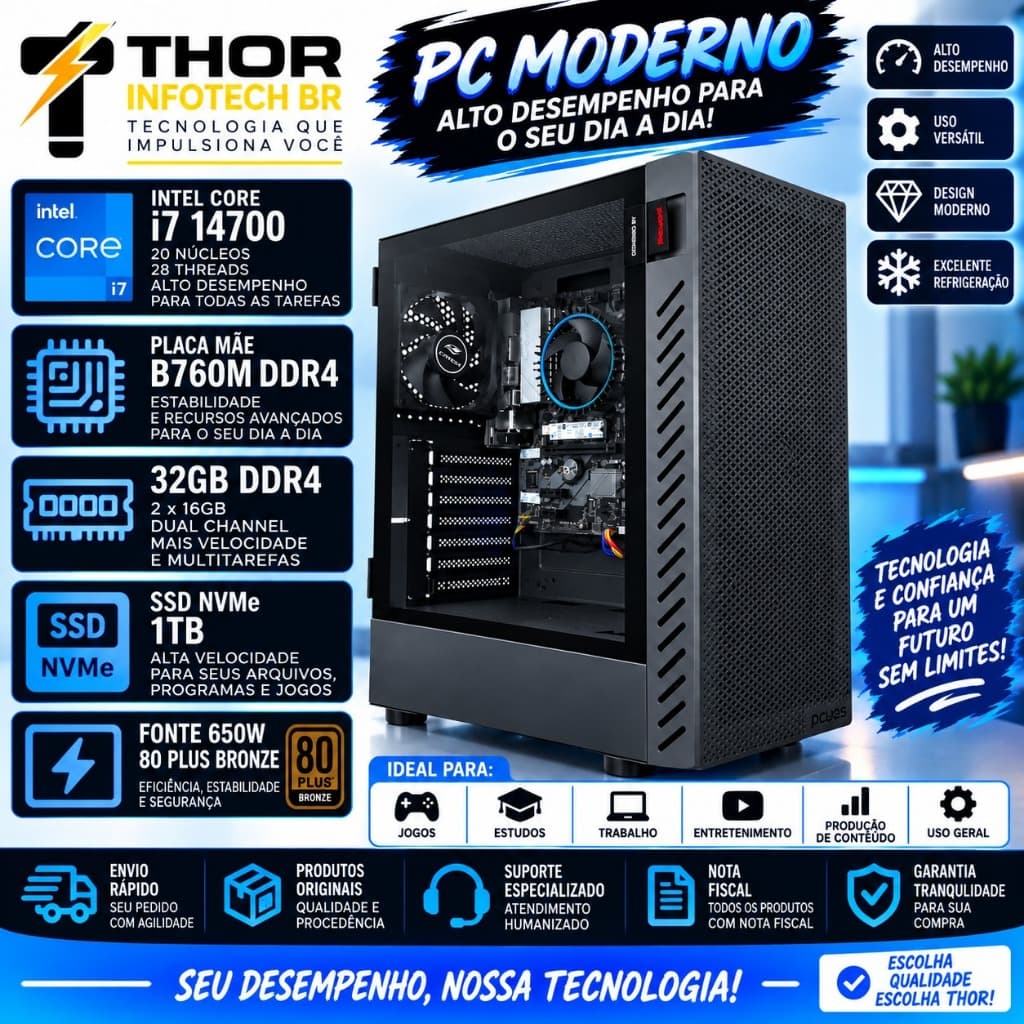 Pc Computador Desktop Intel Core I7 14700, B760m, 32gb Ddr4, Nvme 1tb, Fonte 650W 80 Plus