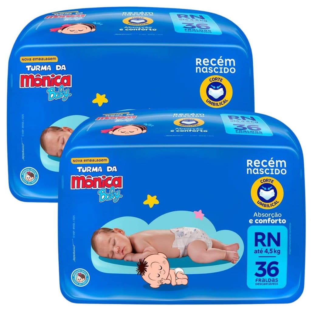 72 Fraldas Turma da Mônica Baby Recém Nascido RN Até 12 Horas de Proteção