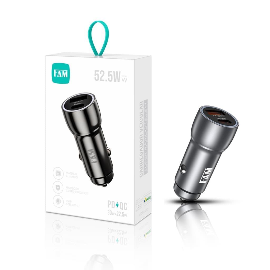 Carregador Veicular Rápido FAM QV521 2 Conexões (1x Tipo-C e 1x Tipo-A USB padrão) - Potência Total: 52,5W