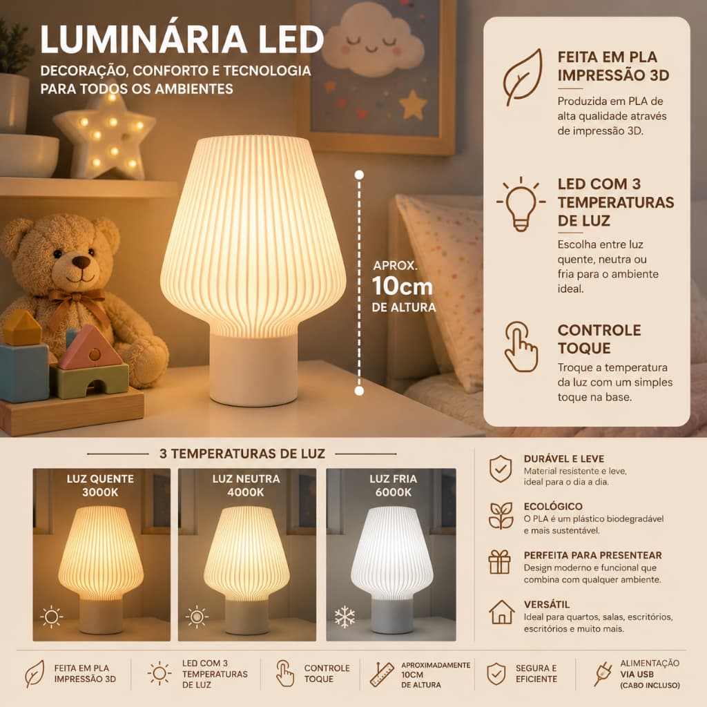 Luminária LED Abajur de Mesa 3 Cores de Luz PLA para Quarto Infantil Decoração