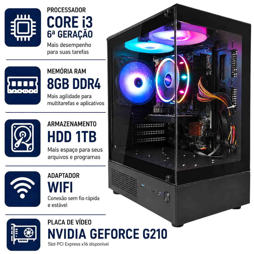 Desktop Gamer Computador Intel i3 6ª Geração 8Gb Ram Ddr4 HD 1TB Placa De Video Cpu Torre Com Wifi