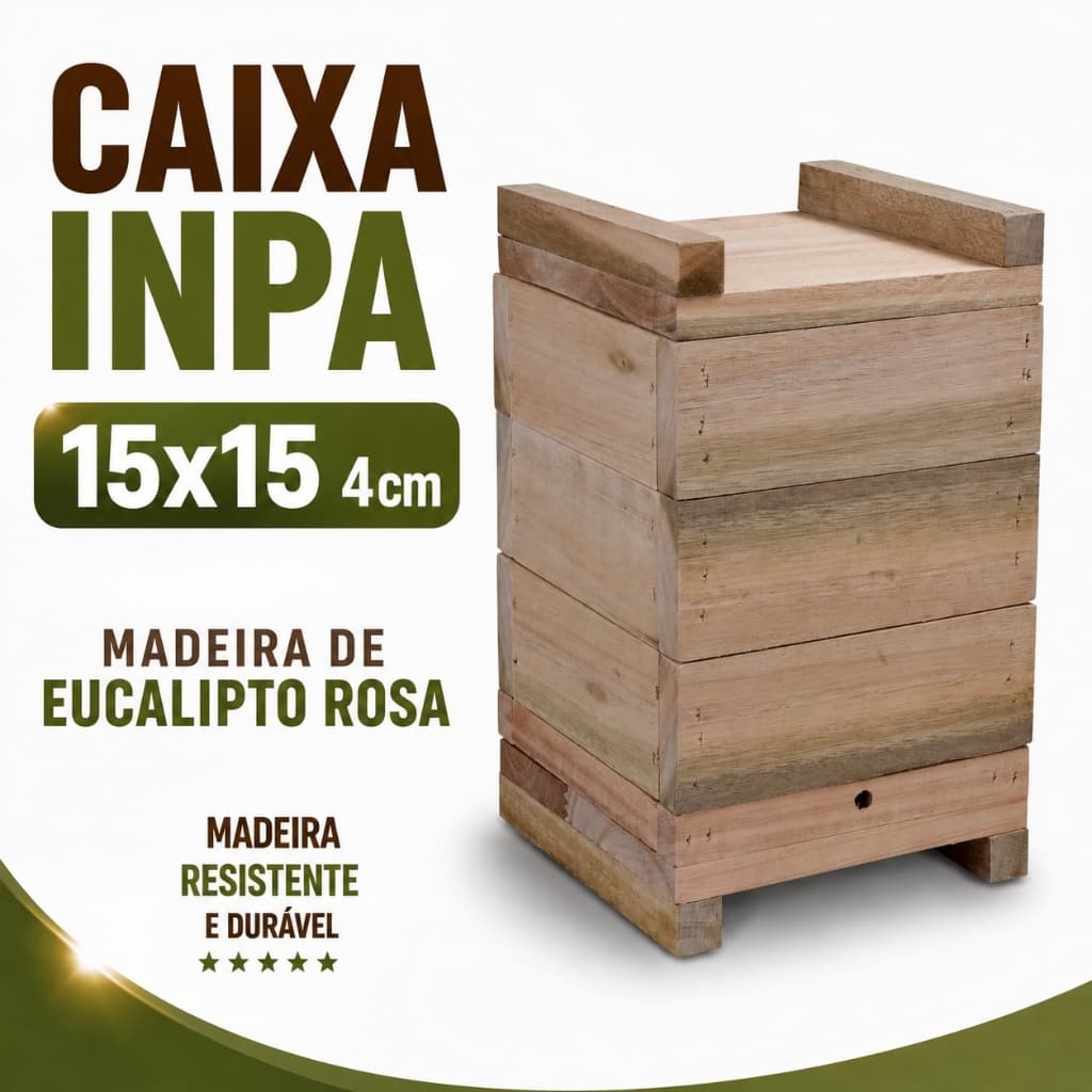 Caixa para Abelhas Sem Ferrão modelo INPA 15x15 4cm Manduri, Mandaçaia MQA, Jandaíra, Tubuna, Tiuba, Em Eucalipto
