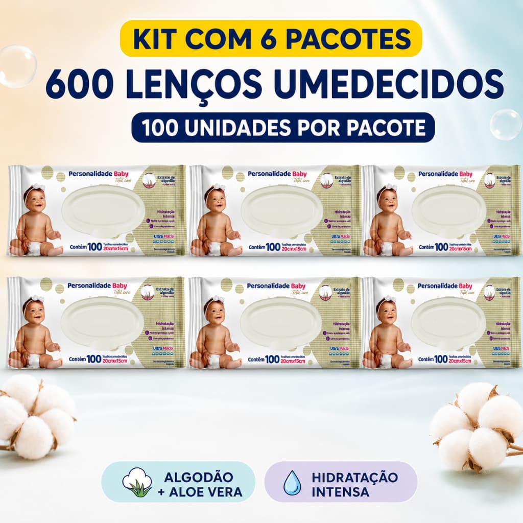 Kit 6 Lenços Umedecidos Personalidade Baby 600 Unidades Aloe Vera