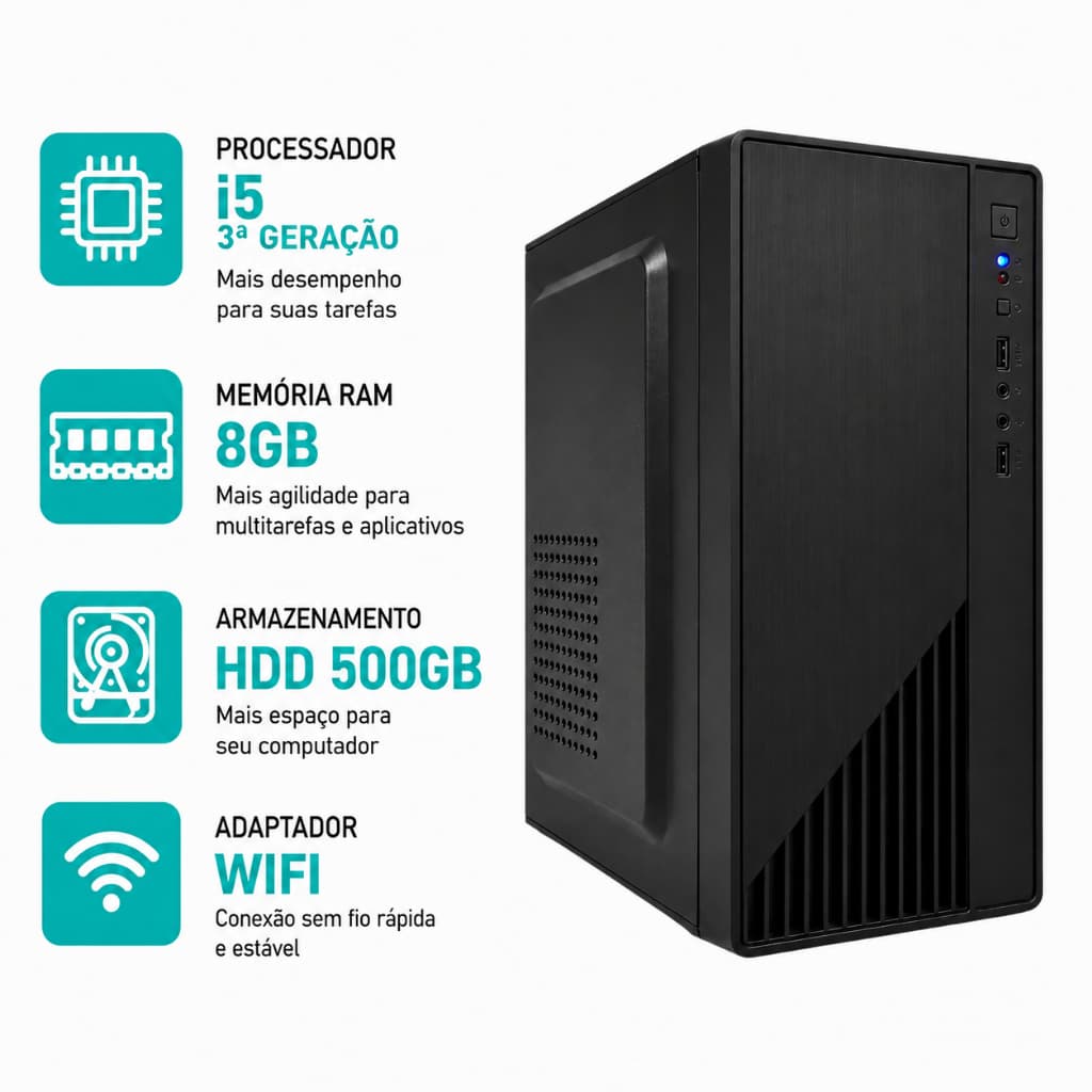 Desktop Novo Computador Intel i5 3ª Geração 8Gb Ram Ddr3 HD 500GB Cpu Torre Com Wifi Cabo De Força