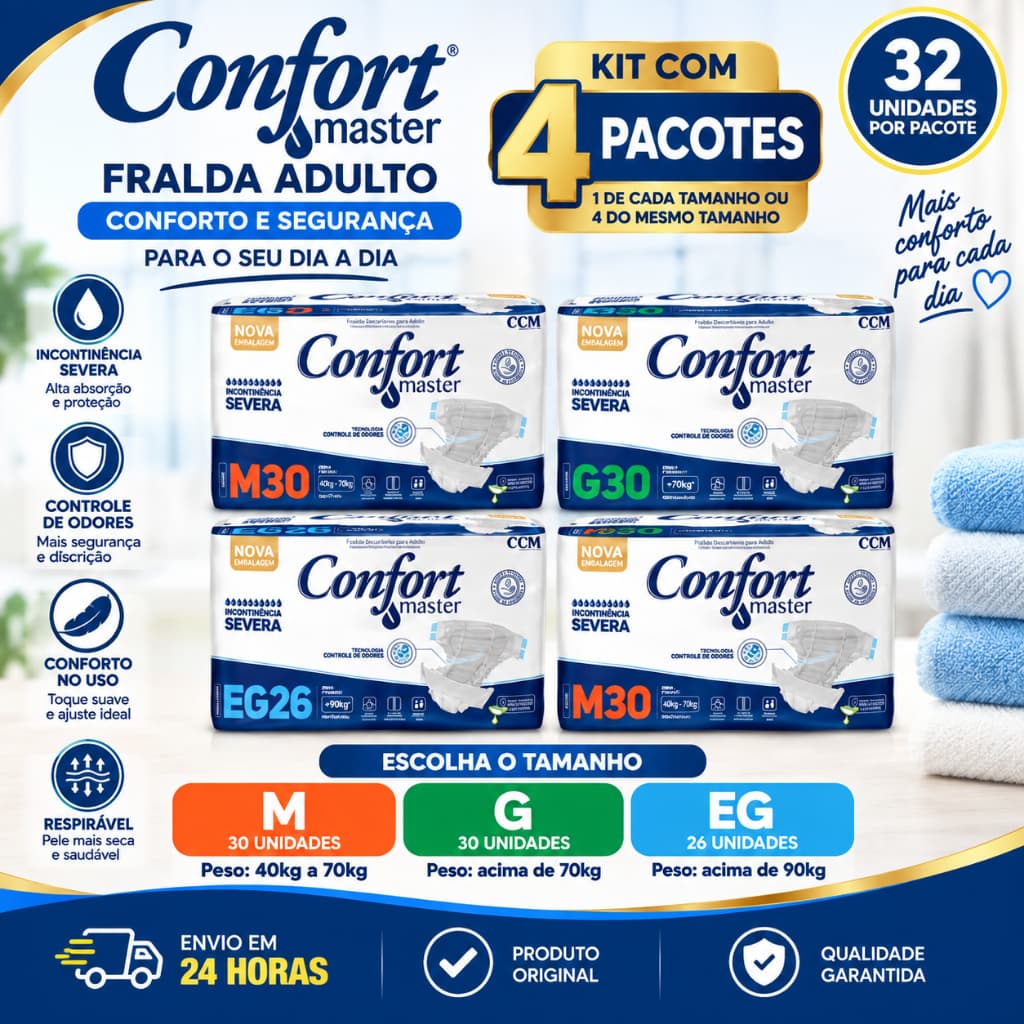 Kit 4 Pacotes Fralda Geriátrica Confort Master Econômica - Alta Absorção (Atacado)