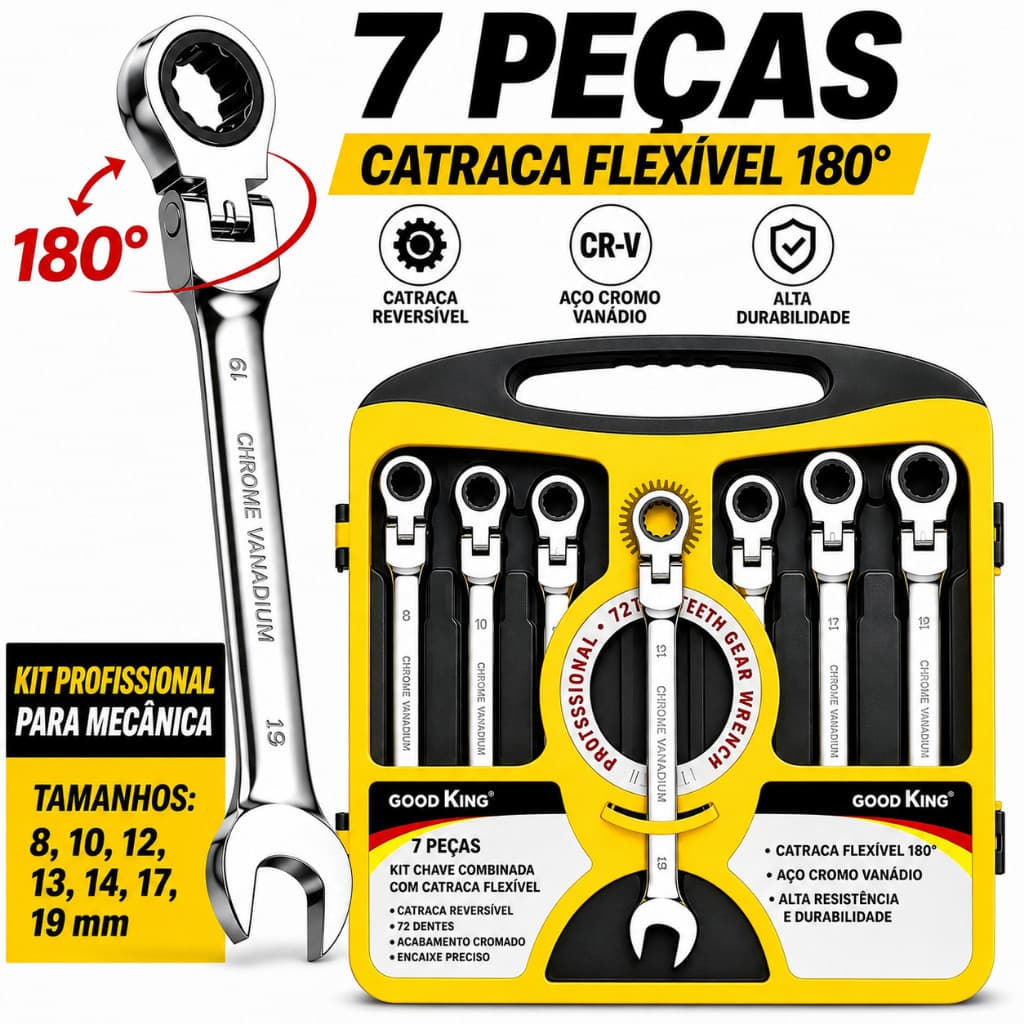 Kit Jogo de Chaves Combinadas com Catraca Flexível 180° 7 Peças 8-19mm em Aço Cromo Vanádio (CR-V)