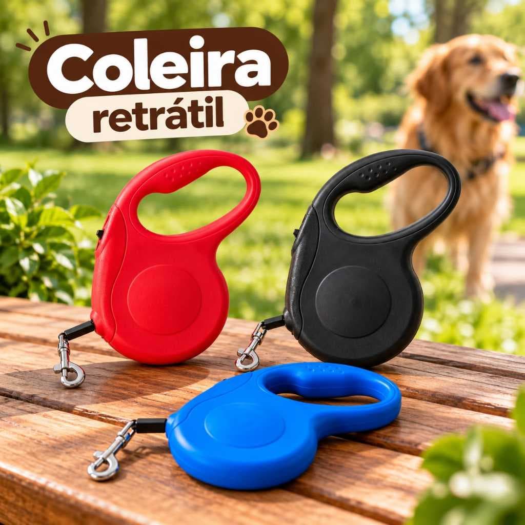 Coleira Guia Retrátil para Cachorro 5m e 3m com Trava de Segurança Cabo Ergonômico Passeio Pet -Cor Sortida