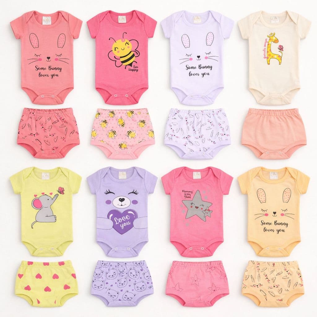 Kit 3 ou 5 Conjunto de Bory Bebe Manga Curta Menina + Short Tapa Fralda em Algodão Enxoval Maternidade