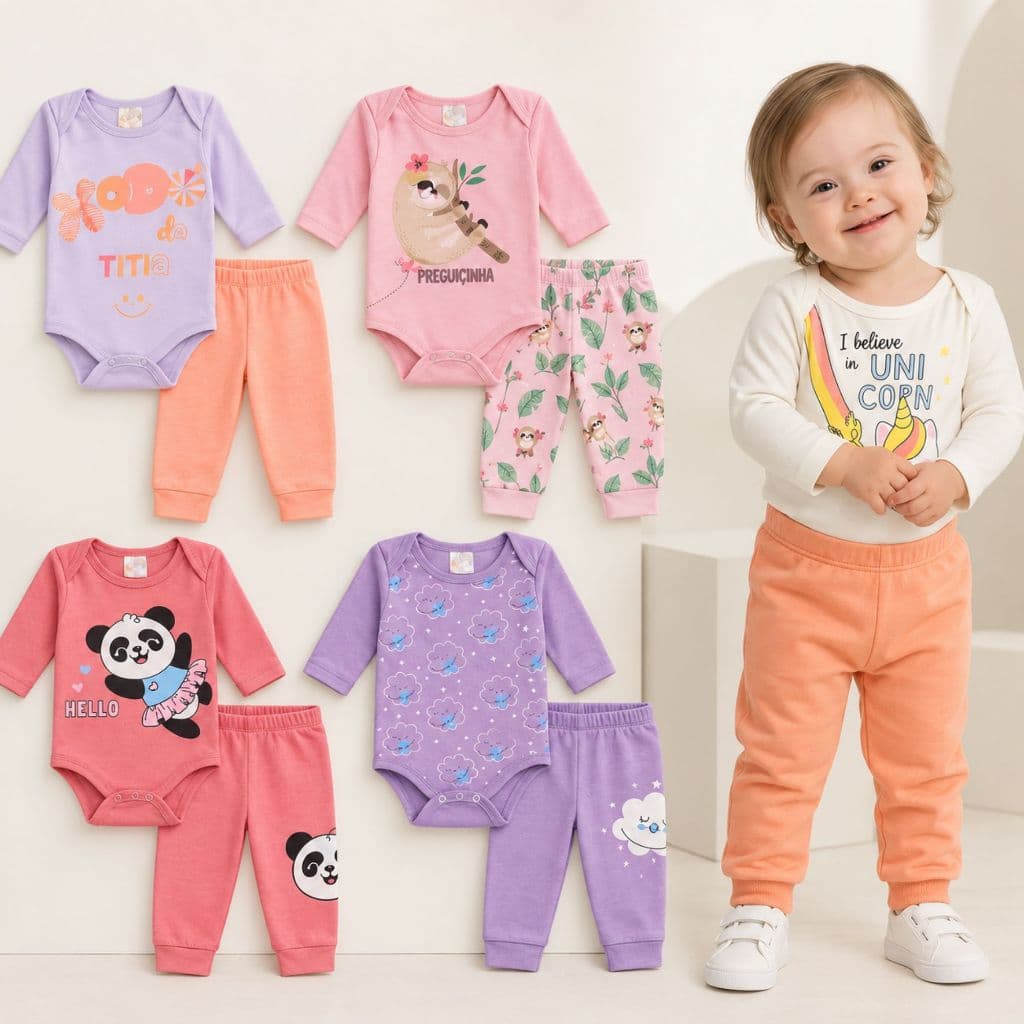 Kit 2 ou 4 Body Longo Bebê Menina + Calça Mijão Sortidos RN ao GG Enxoval, Maternidade Roupa de Bebê