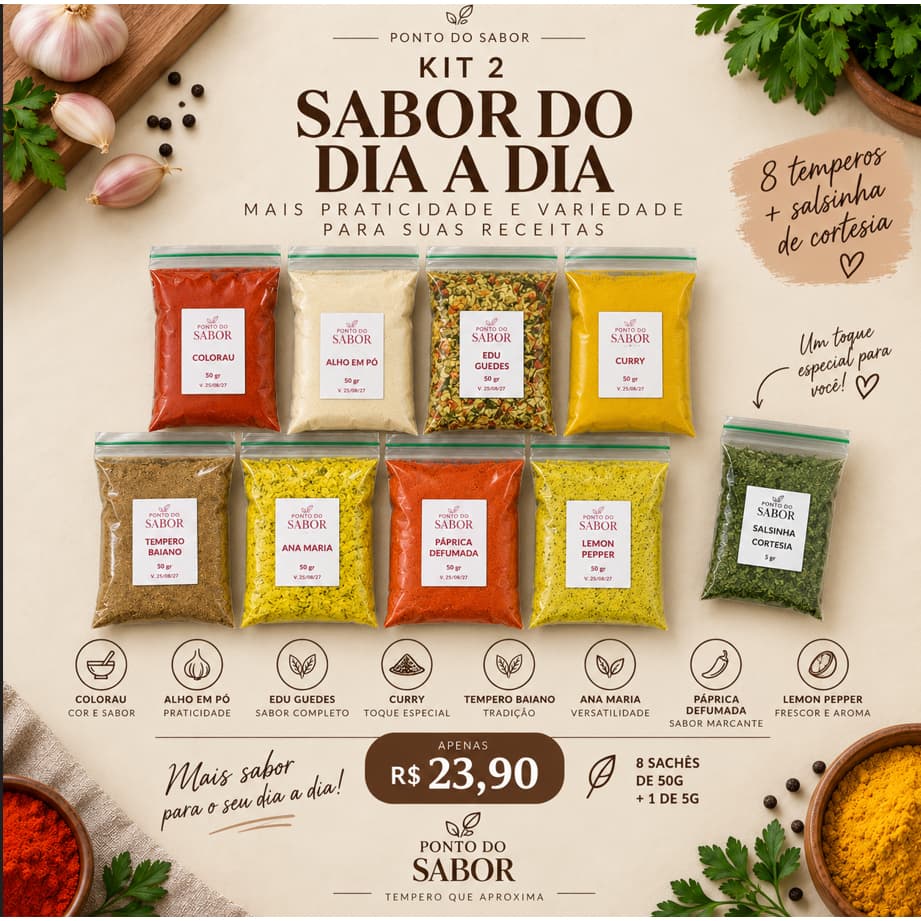 Kit 8 Temperos e Condimentos Variados 400g | + 1 Cortesia l Tempero Natural